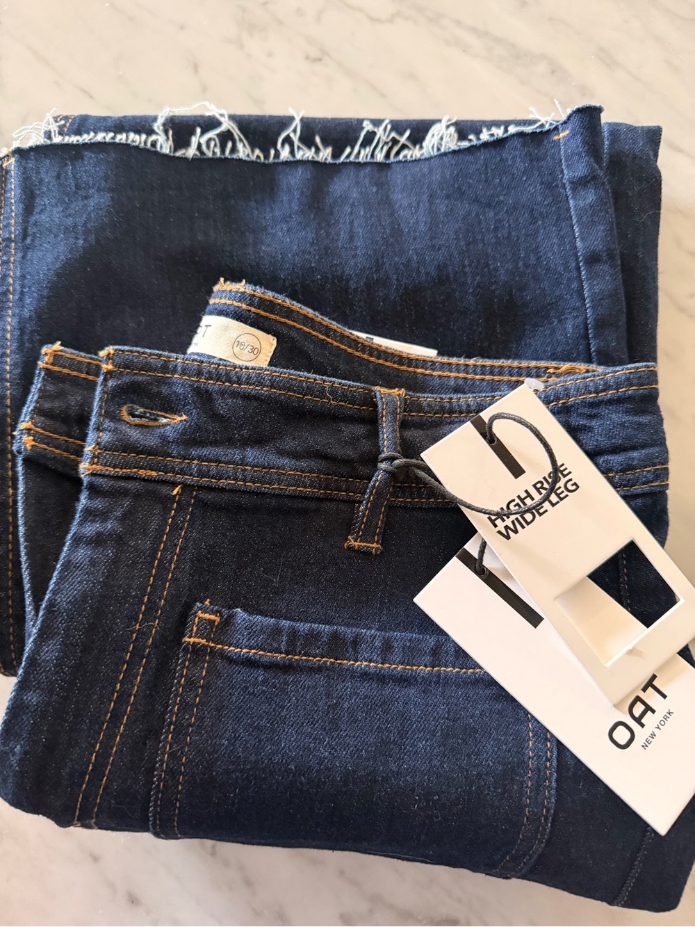 OAT Dark Blue High Rise Wide Leg Women’s frayed hem trouser Jeans 30X31 Sz 10